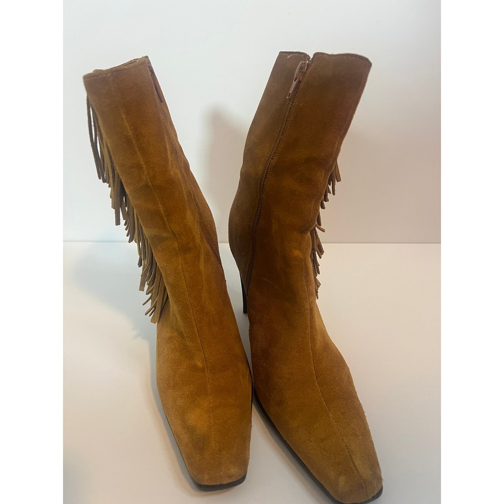 Predictions Leather Collection Tan Suede Fringe Square Toe Ankle Boots Womens 9